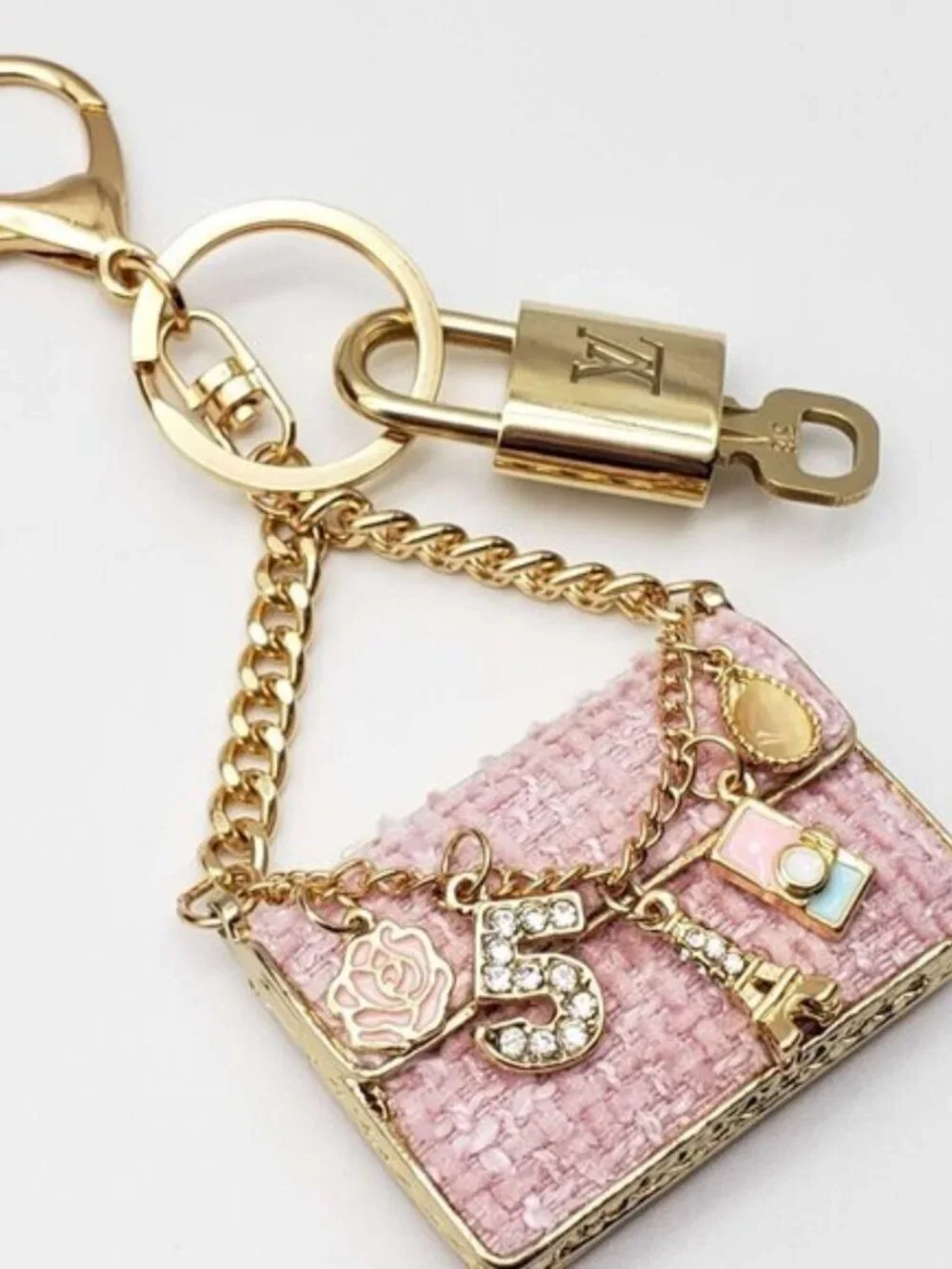 Louis Vuitton Gold Lock 🔒 Authentic LV Key + Unbranded Tweed Bag Charm